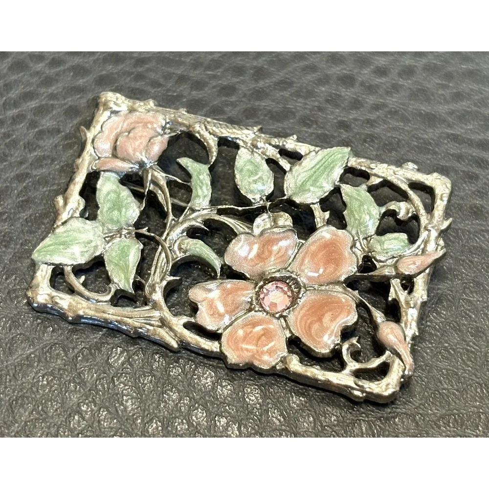 1928 Victorian Revival Rhinestone Enamel Brooch Pin Silver Tone Pink Flower